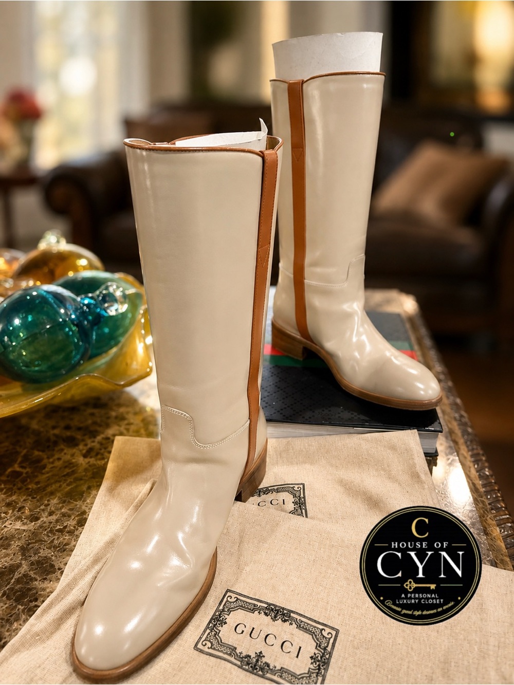 Gucci Men’s Ivory/Beige & Cognac Leather Tall Riding Boots, Size 6 Made in Italy